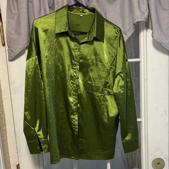 Tops - Shiny Green Button-Up Shirt